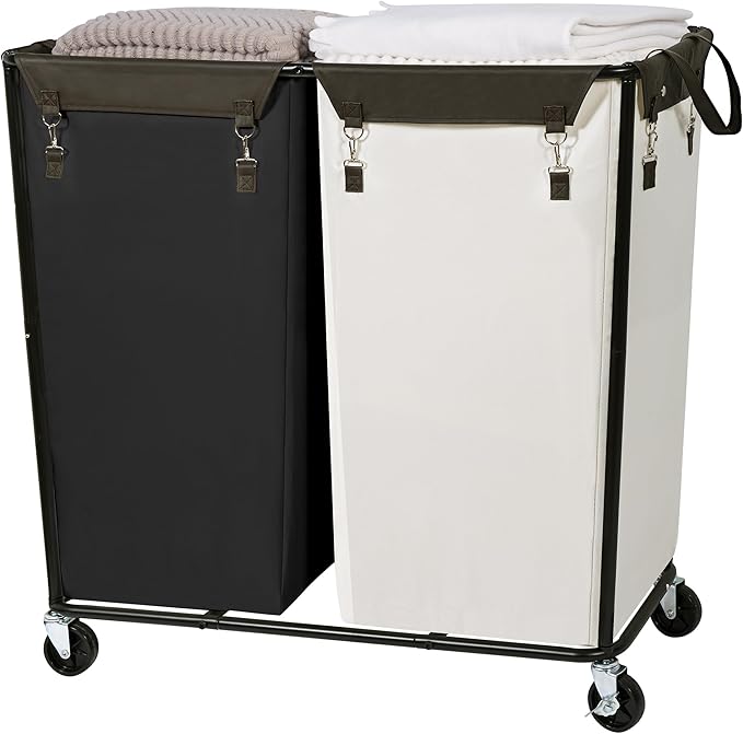 390L Laundry Hamper Sorter with Wheels, Extra Large Laundry Basket Heavy-Duty Rolling Cart with Removable Bags, Laundry Cart for Hotel and Home, Beige and Black, 2-Section