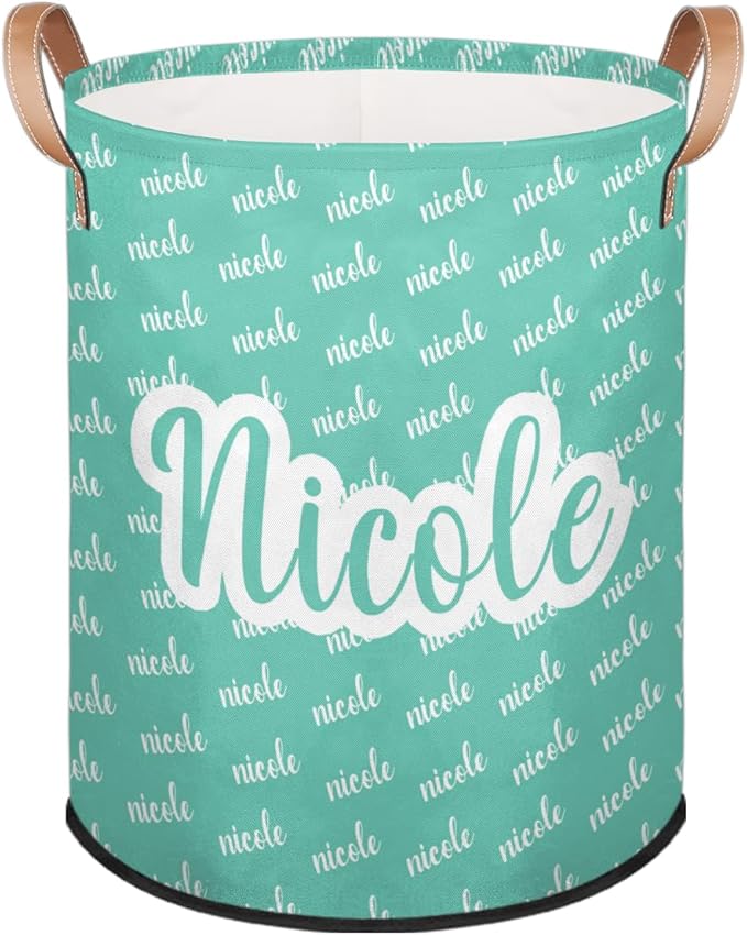 Custom Name Laundry-Hamper, Personalized Cyan Kids-Clothes-Hamper Foldable with Name, Customized Storage Basket with Handles Waterproof Gift for Boys Girls Baby Women
