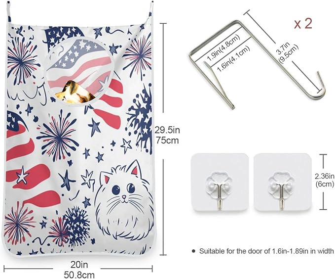 Hanging Laundry Hamper Over the Door with Stainless Steel Hooks Rack Dirty Clothes Wall Mounted Hamper Basket Bag 29.5X20inch White Persian Cat Independence Day