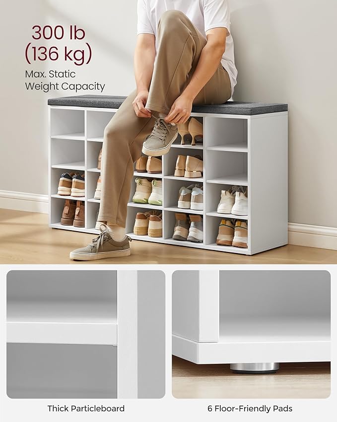 VASAGLE Custos Collection - Shoe Bench, Storage Bench with Padded Seat, Entryway Bench with 20 Compartments, for Bedroom, 12 x 47.2 x 24.7 Inches, Cloud White and Dove Gray