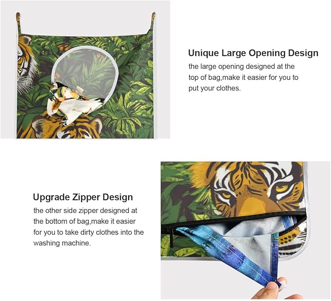 Hanging Laundry Hamper with Stainless Steel Hooks,Oxford Fabric Printing Door Laundry Clothes Bag, 29.5X20inch 2PCS Taiger Green Plant