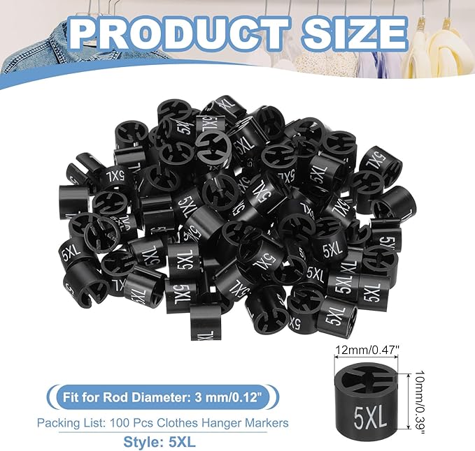 PATIKIL 100 Pcs Clothes Hanger Markers, 5XL Size Tags Fit 3mm Rod Garment Size Hanger Clips Color Coding Label for Clothing Hangers, Black