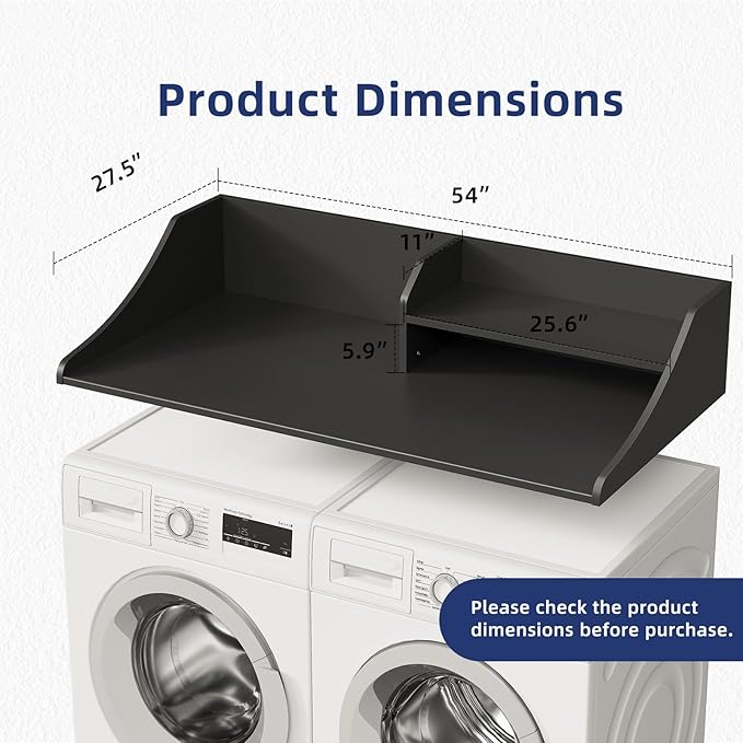 2 Tiers Washer Dryer Countertop, 54" Width x 27.5" Depth Laundry Countertop Organization, Wooden Washer and Dryer Topper for Folding, Sorting & Ironing, Easy to Install, Black