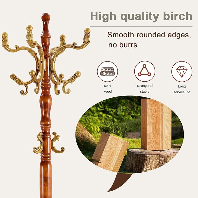 Wooden coat rack stand, Heavy duty coat racks tree freestanding with 11 Hooks and storage basket, Coat tree for jacket, Hats, Bags, Purses, clothes (Triangular base-Begonia 1)