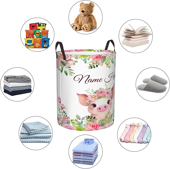 Personalized Pig Laundry Basket For Baby Kids Boys Girls Adult Custom Hamper Basket With Name For Bathroom Bedrooms Collapsible Baby Dirty Clothes Hamper With Handles