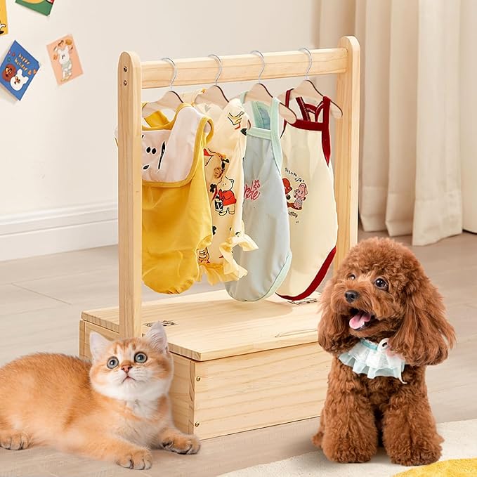 Pet Clothes Hanger Rack Wooden Dog Clothing Hangers Portable Puppy Clothes Organizer Space-Saving 6.89X5.51 Inches for Small Dogs and Cats