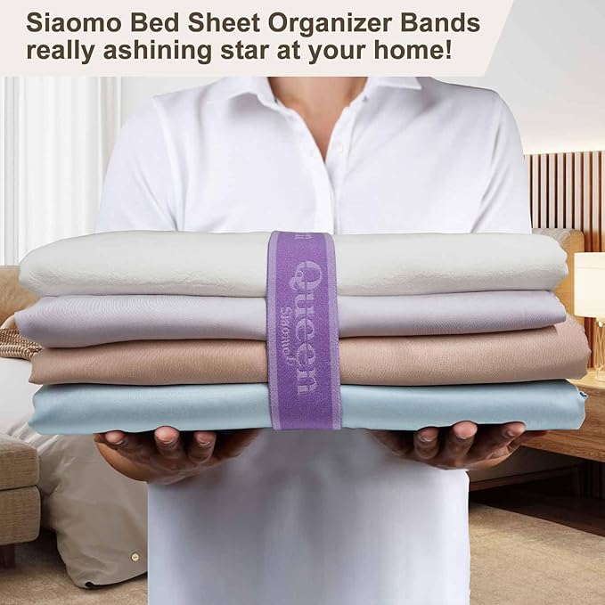 Bed Sheet Organizer Bands, Sheet Set Storage Size Marking Bands, Elastic Bedding Sheet Straps Wraps for Organizing Linen Closet（Queen 4PCs | Purple）