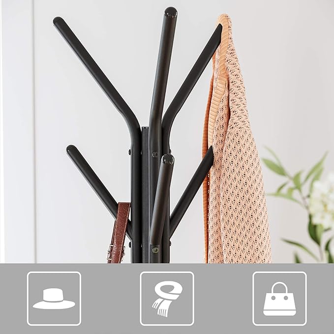 VASAGLE Coat Rack Freestanding, Coat Hanger Stand, Hall Tree with 2 Shelves, for Clothes, Hat, Bag, Industrial Style, Hazelnut Brown and Black