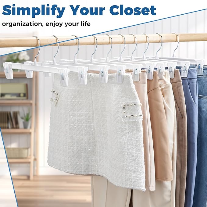 Smartor Skirt Hangers | Pants Hanger with Clips | 10 30 60 Pack Available | Space Saving| Durable| Strong Clips| Pant Hanger for Men| White Hangers Clips for Women Shorts, Jeans, Slacks - 10 Pack