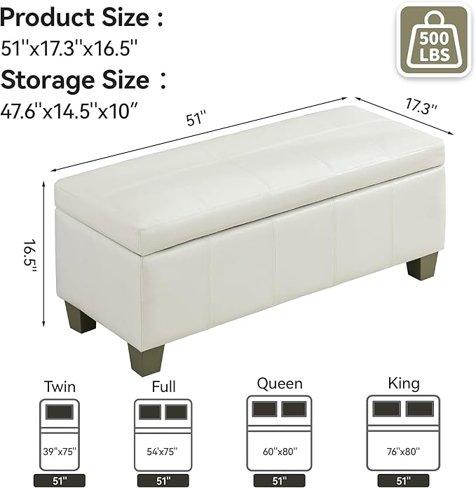 51" Faux Leather Storage Ottoman, Stitch Tufted Rectangle Upholstered End of Bed Storage Bench, Entryway Large Couch Ottoman with Wooden Legs,White