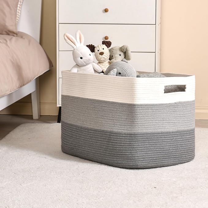 Extra Large Blanket Basket Living Room, Rectangle Storage Basket, Large Woven Baskets for Storage, Cotton Rope Basket for Toys, Clothes, Gradient Grey - 25”x16”x16” (105L)