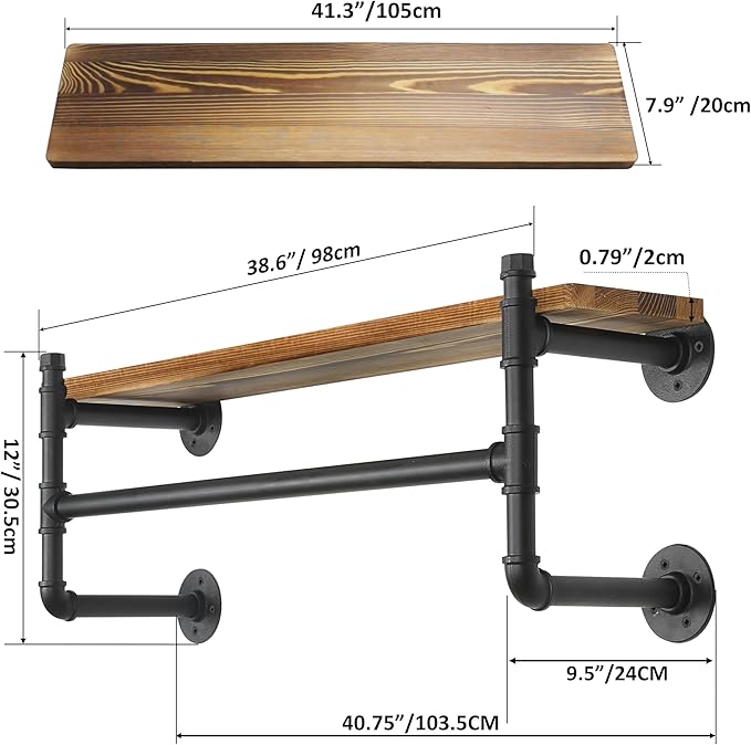 WEBI Wall Mounted Clothes Rack with Shelf,41.3" Long Industrial Pipe Clothing Rack with Shelves,Heavy Duty Iron Garment Rack Bar,Retail Display Clothes Rod for Clothes,Laundry Room,Black
