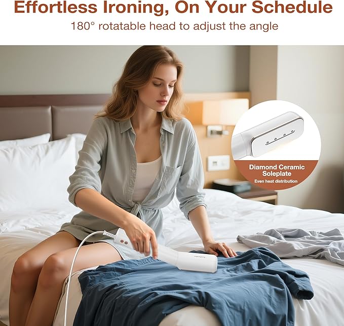 Newbealer 2in1 Travel Iron with Global Voltage, 100-240V Clothes Steamer, Dry Ironing & 2 Steam Levels, Non-Stick Ceramic Soleplate, Fabric Wrinkle Remover, Auto-off, Self Cleaning, No Clamp (Gold)