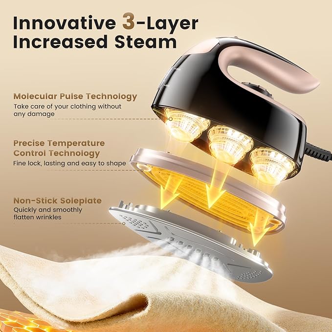 MIYOKO Mini Steam Iron for Clothes, 1000W Portable Small Iron, with Non-Stick Soleplate, 25G/Min High Speed Steams, 90ML Water Tank, 110-120V for Home Travel Sewing and Quilting, Black & Gold