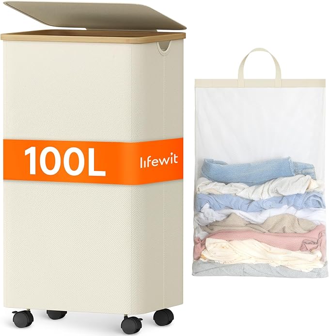 Lifewit 100L Large Laundry Basket with Lid, Laundry Basket with Wheels and Handles, Clothes Hampers for Laundry with Removable Bag in Bedroom Bathroom Dorm, White