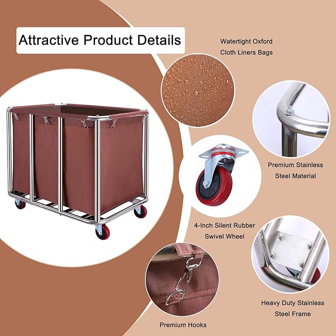 Commercial Laundry Cart with Wheels, 470L Industrial Rolling Laundry Basket, Large Heavy Duty Laundry Sorter with Watertight Oxford Bag & Sturdy Steel Frame for Home, Hotel, Hospital, 440 lbs (Brown)
