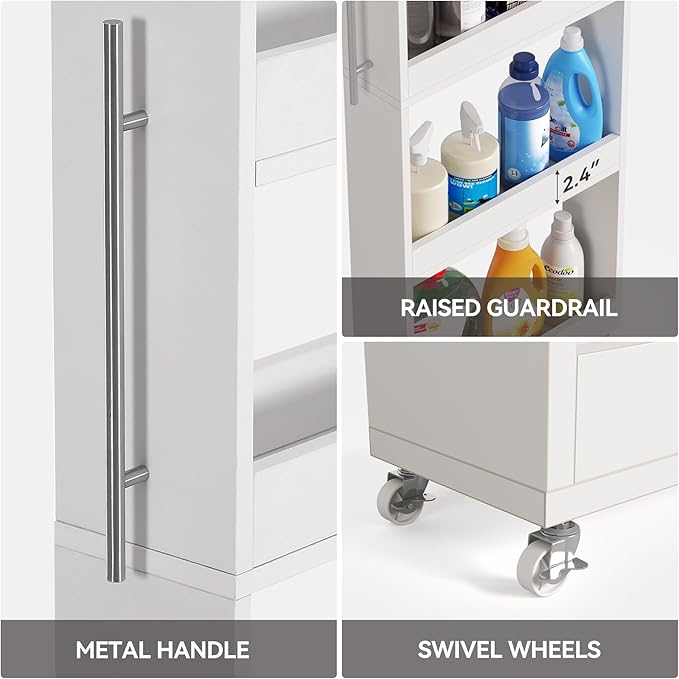 LITTLE TREE 63-Inch Slim Storage Cart on Wheels, 5-Tier Tall Narrow Mobile Shelf Organizer, Rolling Utility Cart with Metal Handle for Kitchen, Dining Room, Small Spaces, White