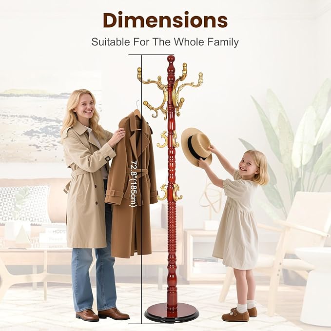 Freestanding Coat Rack with 12 Hooks, Sturdy Wooden Hall Tree for Entryway, Heavy-Duty Disc Base,for Hanging Hats, Jackets, Bags, Easy Assembly for Bedroom, Hallway, Office
