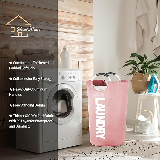 Large Laundry Basket Collapsible，Freestanding Clothes Hamper Bag with Handles – Tall Folding Dirty Laundry Bin，Sturdy Laundry Sorter for College Dorm，Laundry Room – 95L (Pink)