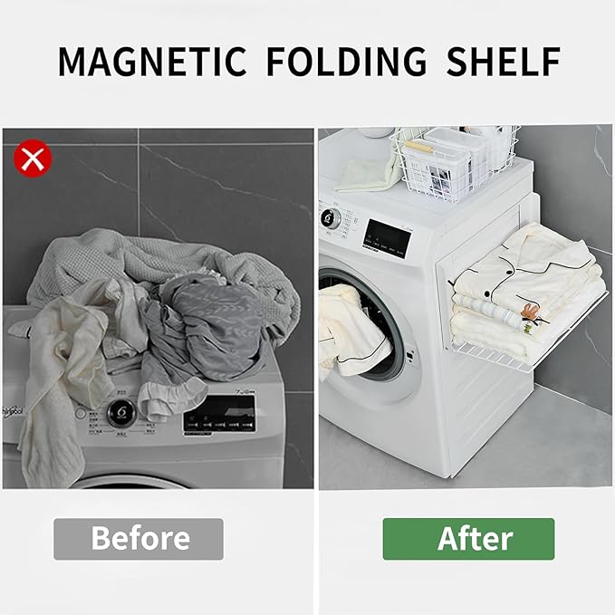 Magnetic Multi-Purpose Organizer Shelf – Space-Saving Side Storage for Washing Machine, Fridge & Bathroom, Folding Towel Rack for Laundry Room & Camper Sink Area – White