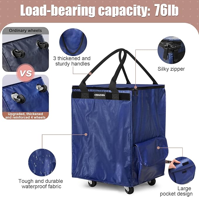 (Medium,Blue) Reusable Grocery Bag on Wheels, Foldable Rolling Tote Bag with 3 Handles and Zipper, Storage Organizer for Clothes & Groceries, Rolling Shopping Cart for Trips, 76lb