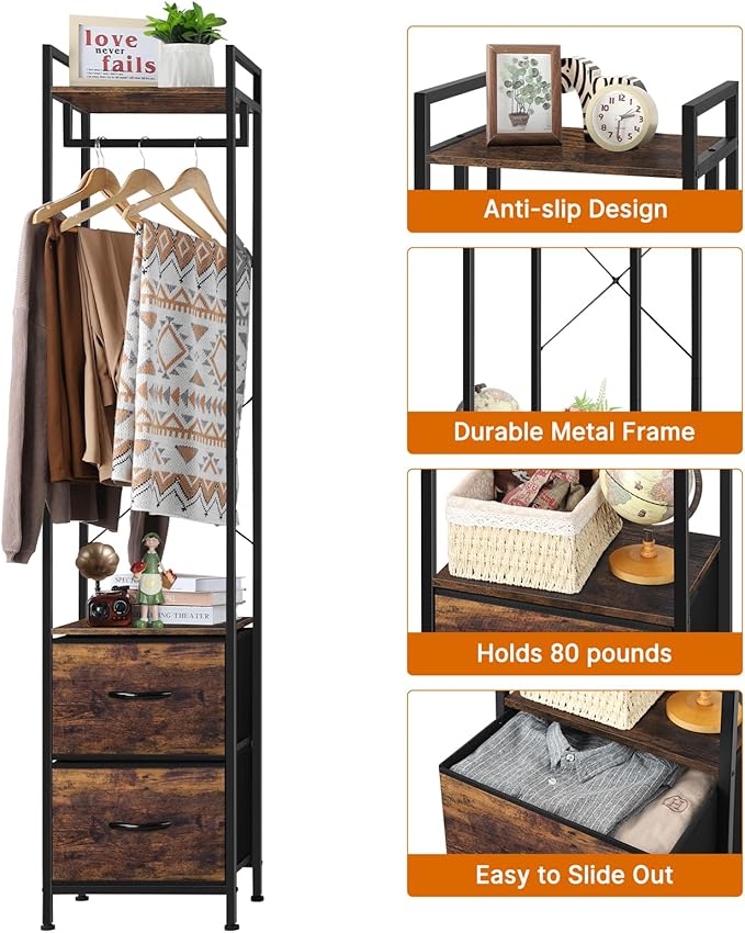 smusei Garment Rack 3 Tiers Clothes Rack Heavy Duty with Fabric Drawers and Storage Shelves Freestanding Closet Organizer Stand Small Coat Rack for Bedroom Entryway Living Room