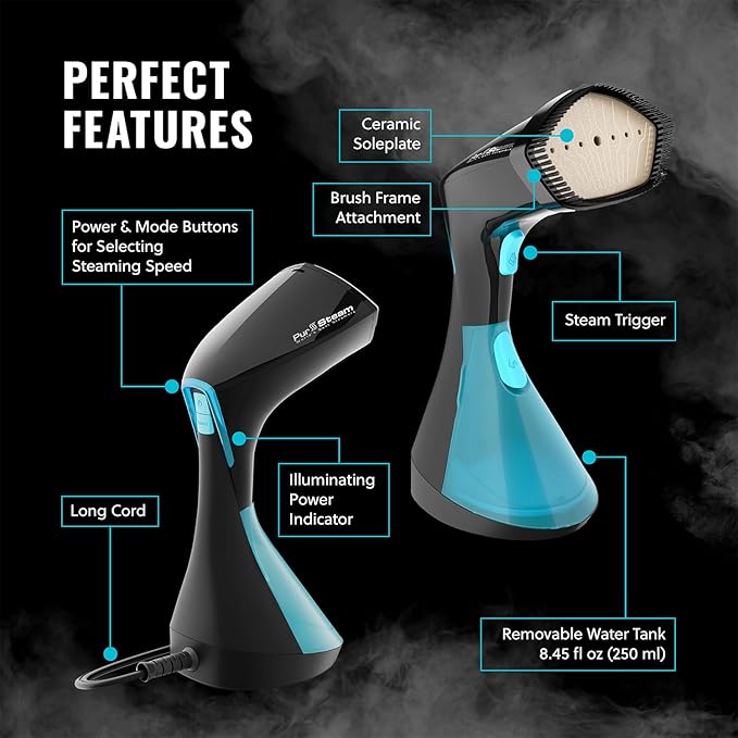 PurSteam Handheld Garment Steamer for Clothes – Powerful Wrinkle Remover with 3 Steam Settings, Large Removable Water Tank, and Fast Heat-Up – Portable Fabric Steamer for Home & Travel (Pack of 2)