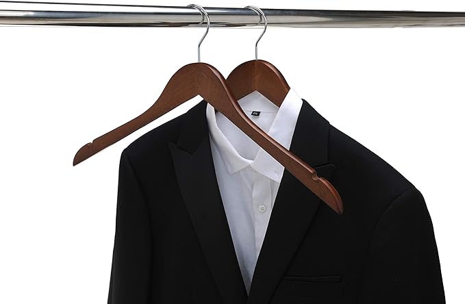 Quality Semi Curved Wooden Suit Hangers, 10-Pack Smooth Finish Solid Wood Coat Hanger with Swivel Hook, Jacket, Pant, Dress Clothes Hangers (Walnut - Chrome Hook, 10)