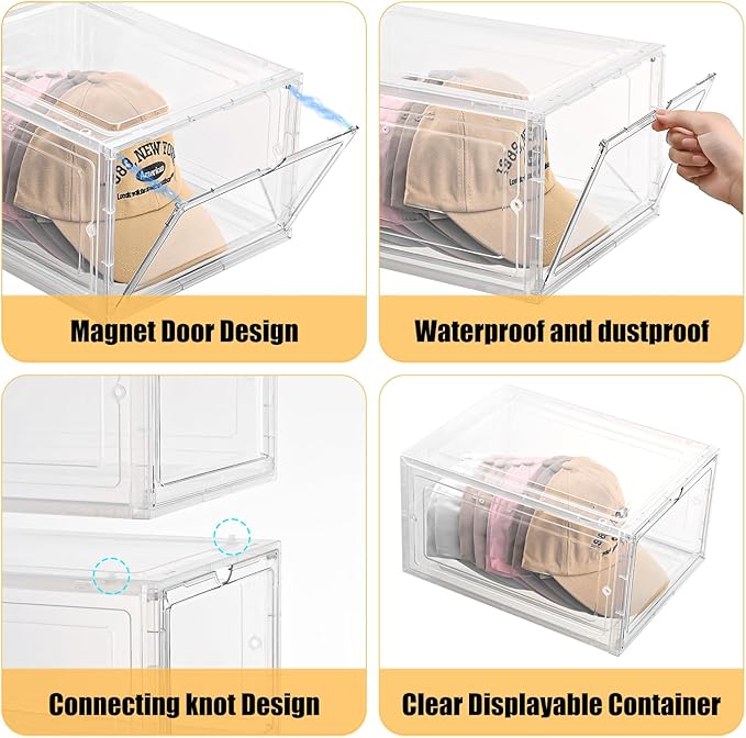 Hat Organizer Box, Clear Baseball Caps Holder, Stackable, Magnetic Door, Dustproof, Modern Style, Holds 40 Hats (Clear, 4 Pack)