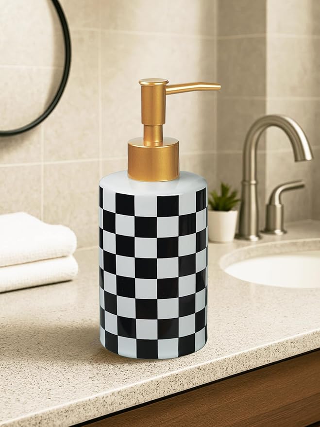 Checkered Ceramic Soap Dispenser White and Black,Liquid Lotion Dish Hand Checkerboard Soap Dispenser Bottle with Golded Pump Plastic for Kitchen,Bathroom,Washroom