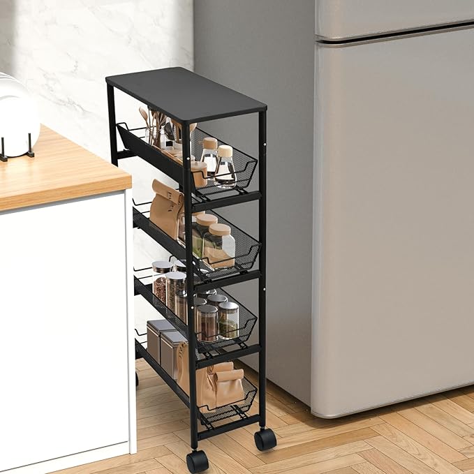 IBERG 5-Tier Slim Storage Cart with Wheels, Rolling Utility Cart with 4 Pull-Out Mesh Baskets for Kitchen, Bathroom & Laundry (Black)