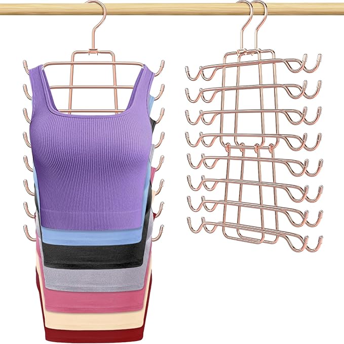 2Pcs Tank Top Hangers Space Saving Hanger Organizer Bra Hangers for Closet Organizer 360° Rotating Metal Closet Organizers and Storage Lingerie Hooks for Cami Bras Belts Swimsuits Lingeries Rose Gold