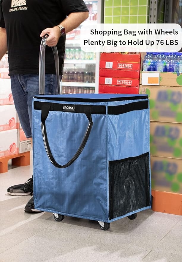 (Medium,Blue) Reusable Grocery Bag on Wheels, 70L Foldable Rolling Tote, Carries Up to 66 lbs Shopping Trolley, Zipper Clouser Shopping Carts for Trips, Laundry, 4 Heavy Duty Wheels and 3 Handles