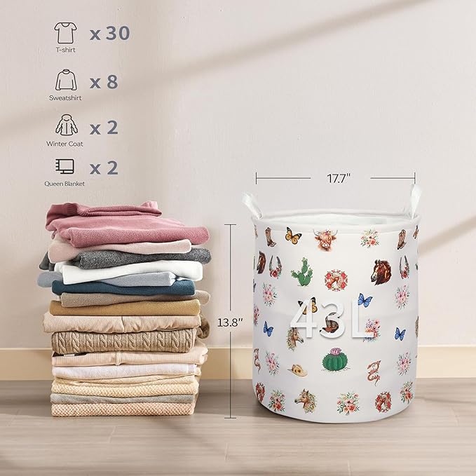 Highland Cow Laundry Basket Cute Western Cows Laundry Hamper, Cowboy Kids Large Storage Bins Box with Handles, Ideal for Room Nursery Decor, Books, Organizing Clothes, Toys