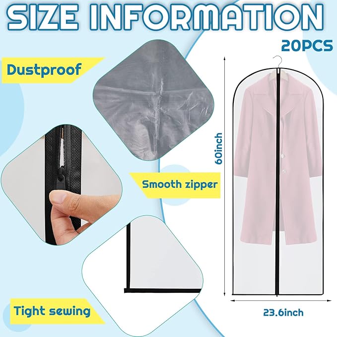 Amylove 20 Pcs 24 x 60 Inch Garment Bags Bulk Hanging Clothes Storage Covers for Closet Organization Dustproof Transparent Dress Suit Bag Set for Wedding Dresses Long Gowns Coats Seasonal Wardrobe