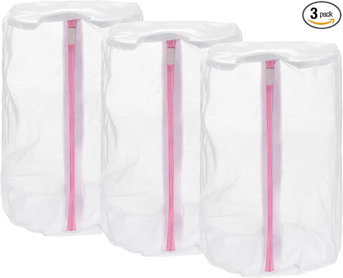 uxcell 3Pcs Shoes Washing Bag, 8.7 x 13 Inch Cylinder Fine Mesh Laundry Bags for Washing Machine Wash Sneakers, Slippers, Delicate, Underwear, White/Pink