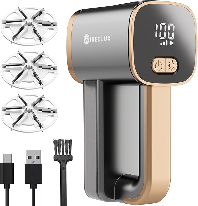 Electric Lint Remover - Rechargeable Fabric Shaver for Clothes & Couch - Adjustable 3-Speed, 6-Leaf Blade, LED Light, USB Charging - Depiller with Dual Protection (Graphite Grey/Copper)