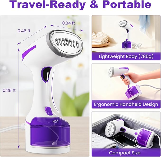 DBC Steamer for Clothes 1500W, 20S Fast Heat-up Portable Handheld Steamer for Clothes, 2 in 1 Fabric Wrinkle Remover with Fabric Brush, 250ml Water Tank, Ideal for Home, Office, Travel, Purple