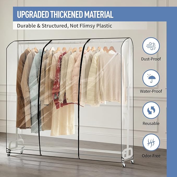 Clear Garment Rack Cover 59" L x 20" W x 60" H, Clothes Rack Cover with Reinforced Double Zippers, Waterproof PEVA Dustproof Protection – Cover Only, Rack Not Included