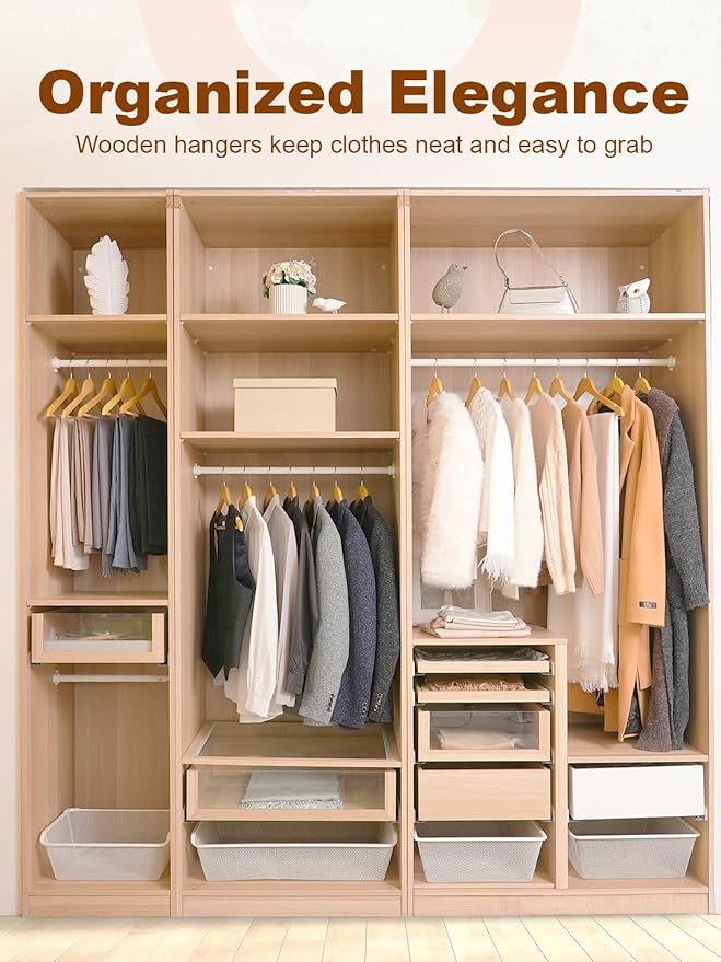 HOUSE DAY Bulk Wooden Hangers 80 Pack, Solid Wood Hanger with Non Slip Pant Bar, Heavy Duty Wooden Coat Hanger for Closet, Smooth Finish Wood Clothes Hangers for Shirts, Suits Jackets, Dress, Natural