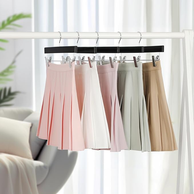 TOPIA HANGER Lotus Wood Pants Hangers, Black Wooden Skirt Short Jeans Trouser Hanger with Smooth Surface 360° Swivel Hook Anti Rust 2 Adjustable Clips, 10 Pack, CT10PB