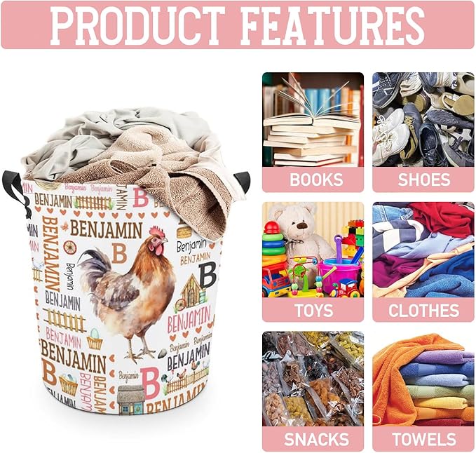 Chicken Laundry Basket,Custom Laundry Hamper with Name,Personalized Chicken Gifts for Boys Girls,Customize Collapsible Laundry Basket for Bedroom Bathroom,M-19.5"X 15.7"Chicken