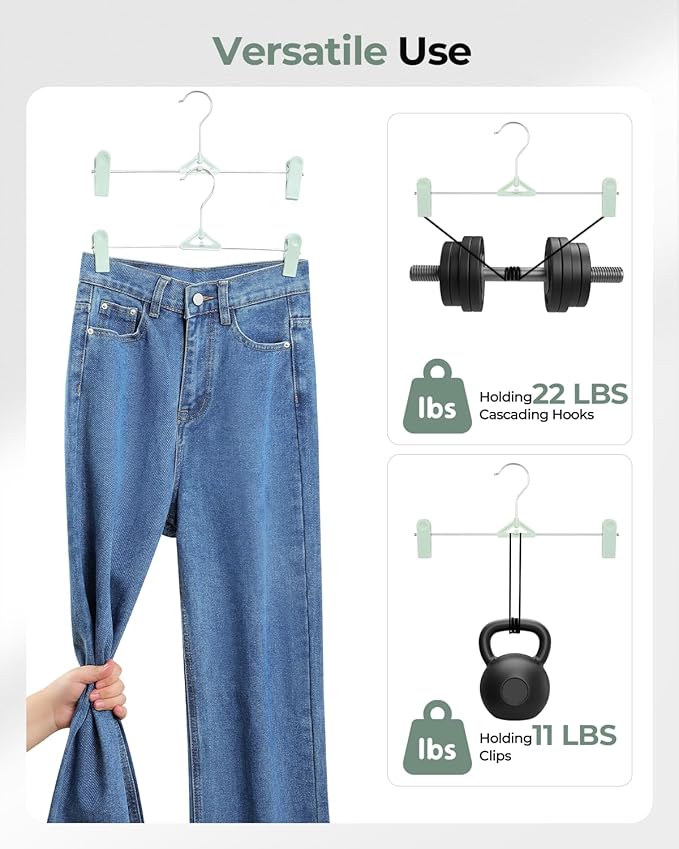 Skirt & Pant Hangers with Clips for Women - 30 Pack Space Saving Stackable Cute Skirt Hangers with Clips - Non-Slip, Adjustable for Kid, Men, Children, Baby, Green