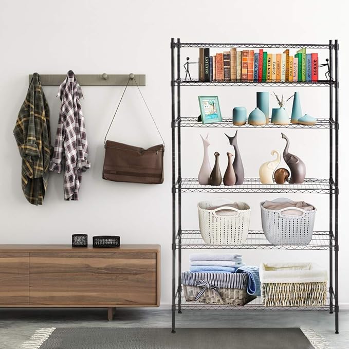 6-Tier Wire Shelving Unit,Adjustable Metal Storage Rack,42" W x 16" D x 72" H,Heavy Duty Black Wire Shelf,1500 lbs Capacity,NSF Certified, Multi-Use Storage Rack for Kitchen, Garage, Pantry, Basement