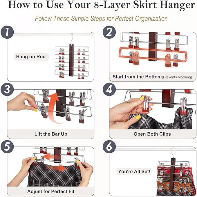 HOUSE DAY Skirt Hangers Space Saving 1 Pack, Double Row 4-Tier Non-Slip Hangers with Clips for Skirts, Shorts, and Pants - Lotus Wood Clip Hanger for Women - Closet Organizers and Storage (Mahogany)