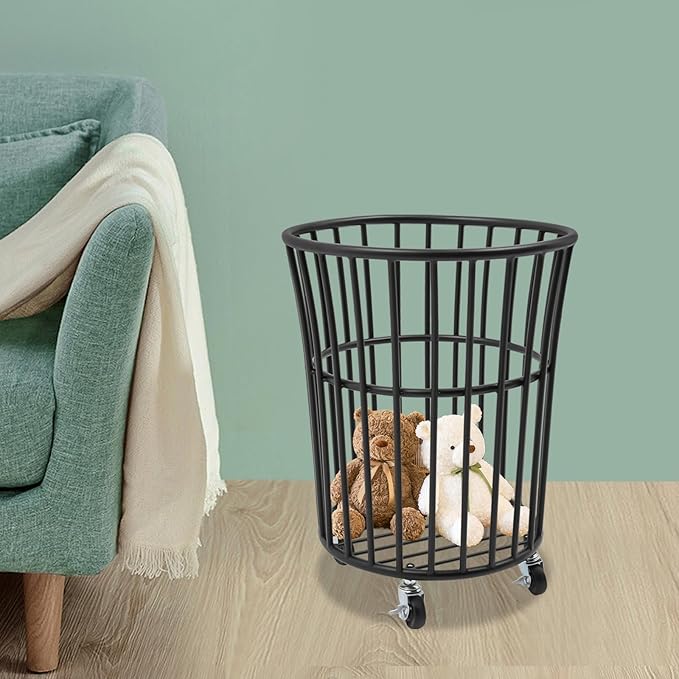 Metal Laundry Basket, Laundry Basket Cart with Wheels for Laundry Room, Rolling Laundry Basket with Wheels, Easy Moved Basket for Organizer (Black)