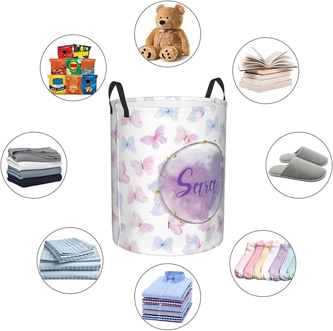 Personalized Laundry Basket for Nursery, Custom Nursery Laundry Hamper with Name, Customize Baby Clothes Circular Hamper for Boys Girls Room Decor, Colorful Butterfly