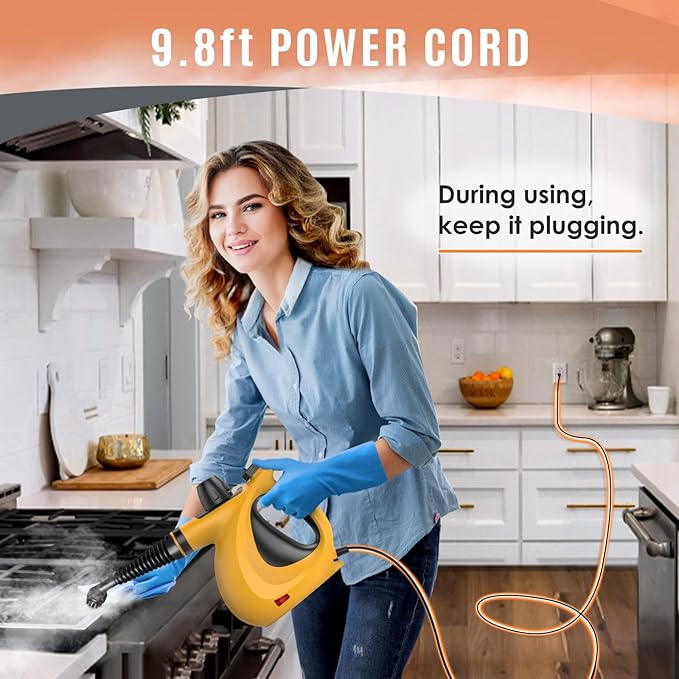 Pressurized Handheld Multi-Surface Natural Steam Cleaner with 12 pcs Accessories, Multi-Purpose Steamer for Home Use, Steamer for Cleaning Floor, Upholstery, Grout and Car (Orange)
