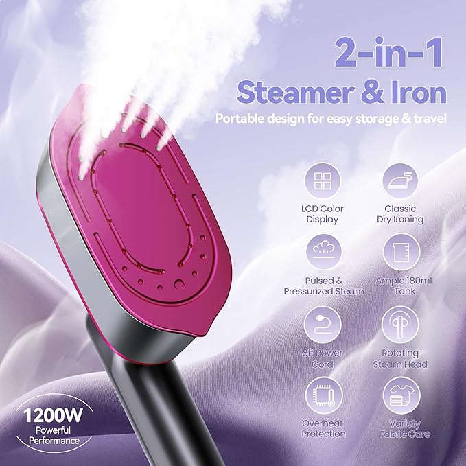 Portable Handheld Travel Steamer for Clothes, 2-in-1 Steamer & Iron 4 Modes LCD Display, Garment Steamer 1200W 15S Fast Heat-up 180ml Tank for 20Min Penetrating Steam Wrinkle Removal, 100-120V