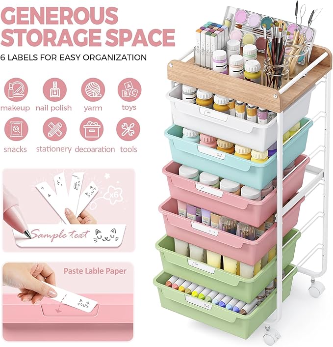 APEXCHASER 6-Drawer Plastic Organizers on Wheels,Rolling Storage Cart with Wooden Top, Mobile Drawer Unit for Classroom, Crafts, Art Supplies, and Home Organization,Colorful
